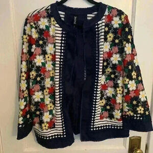 Berek Blue Lace Floral Striped Blazer Sweater Jacket, Womens Size Medium